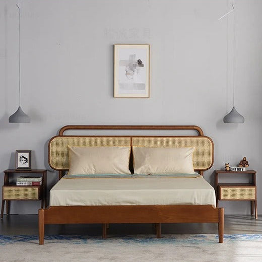 Wooden Bed Frame with Rattan Headboard